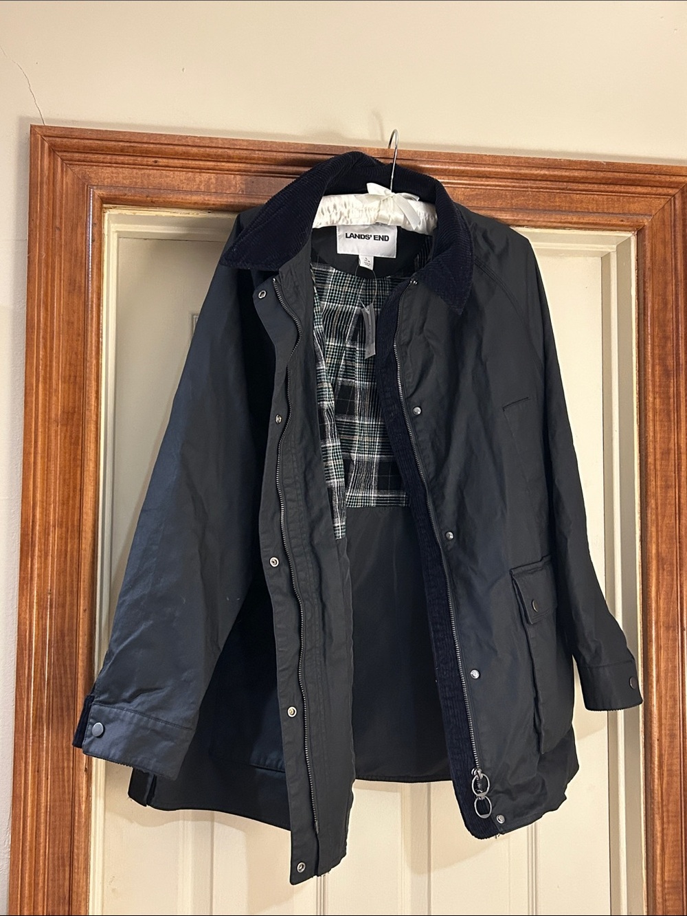NWT Lands' End Black Women's Trench Coat with Corduroy Collar